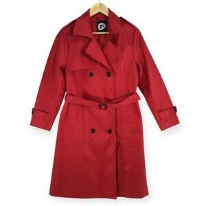 Trenchcoat Women's Medium Red Black Buttons Shoulder Tabs Belted Classy Classic